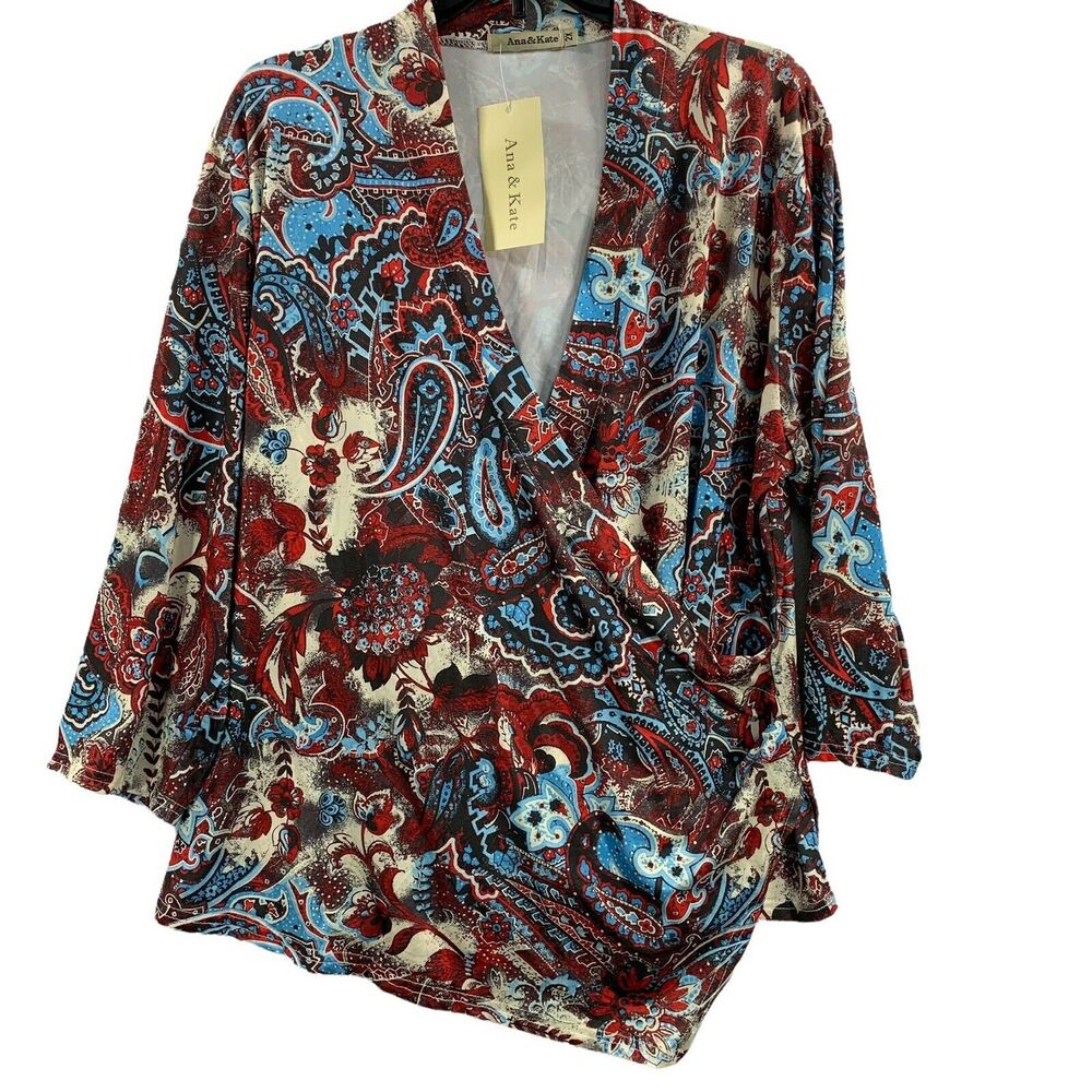 Womens Top 2X Blouse Boho Colorful Ana & Kate Red Blue Paisley